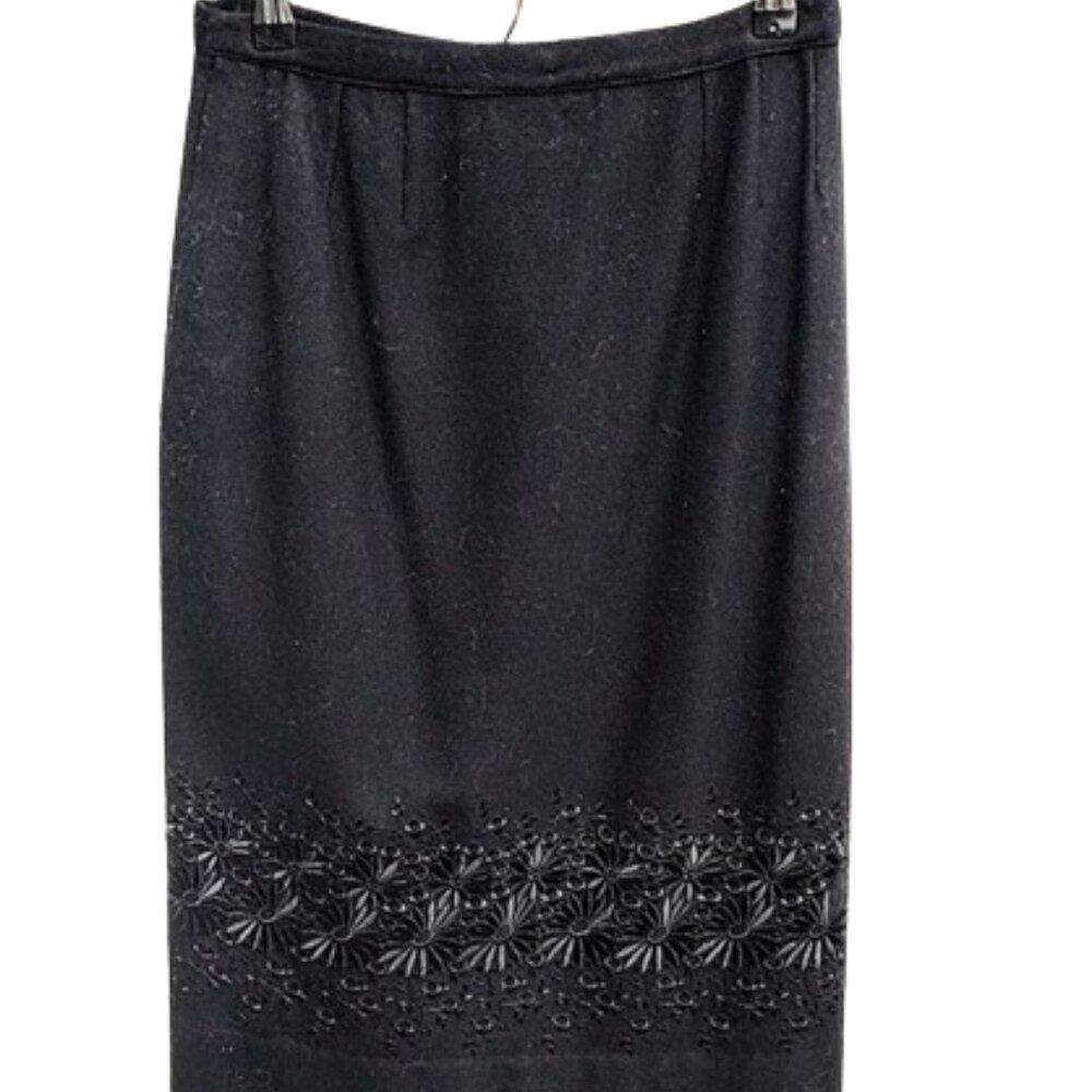 1950s Vintage Black Wool Straight Pencil Skirt With Wide Embroidery At The Hem